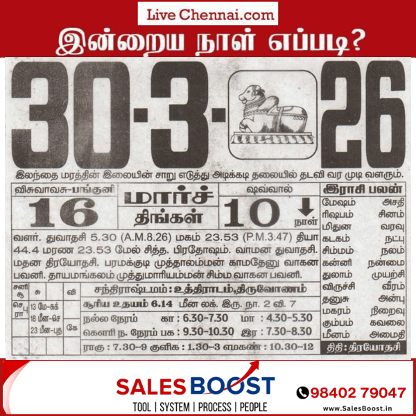 Auspicious (Nalla Neram) time today (Mar 30th)